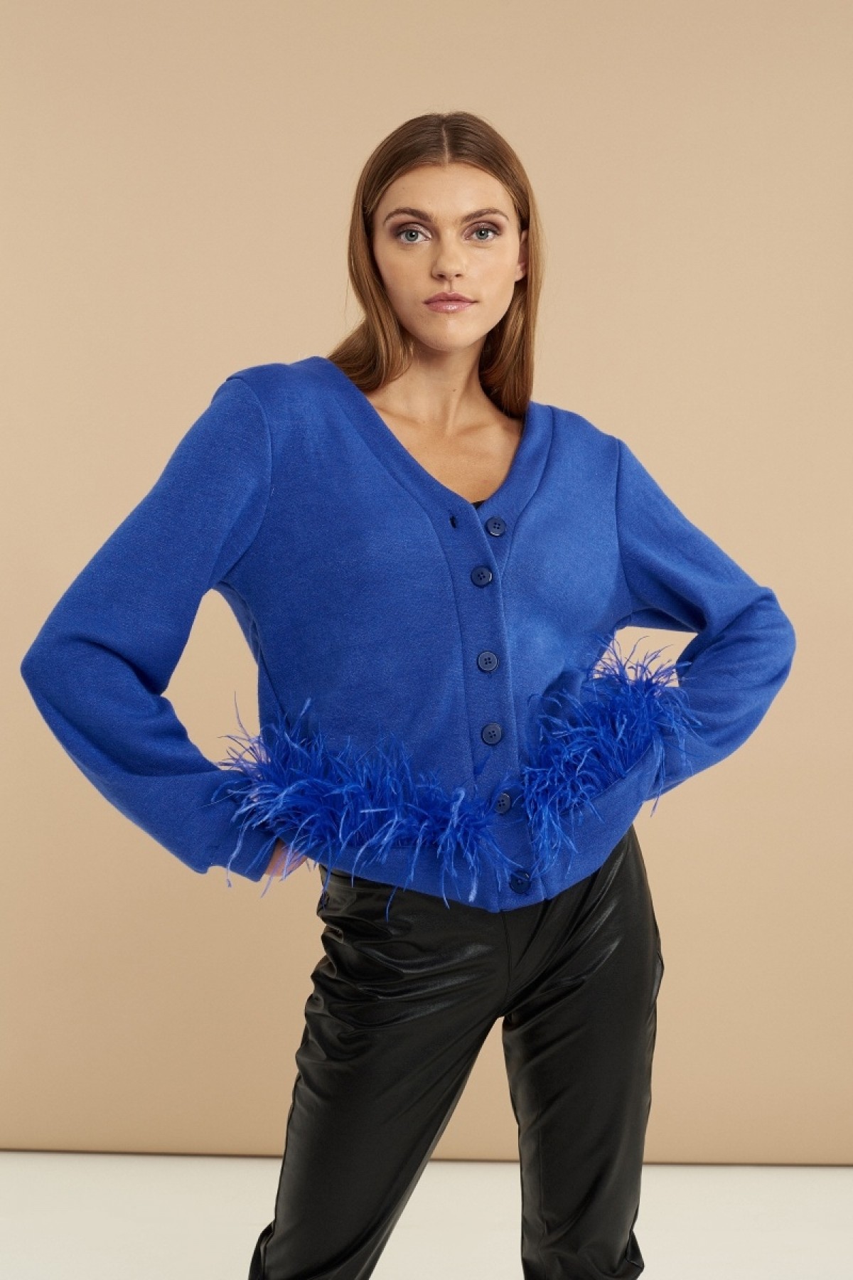 BLUE CARDIGAN WITH FEATHERS