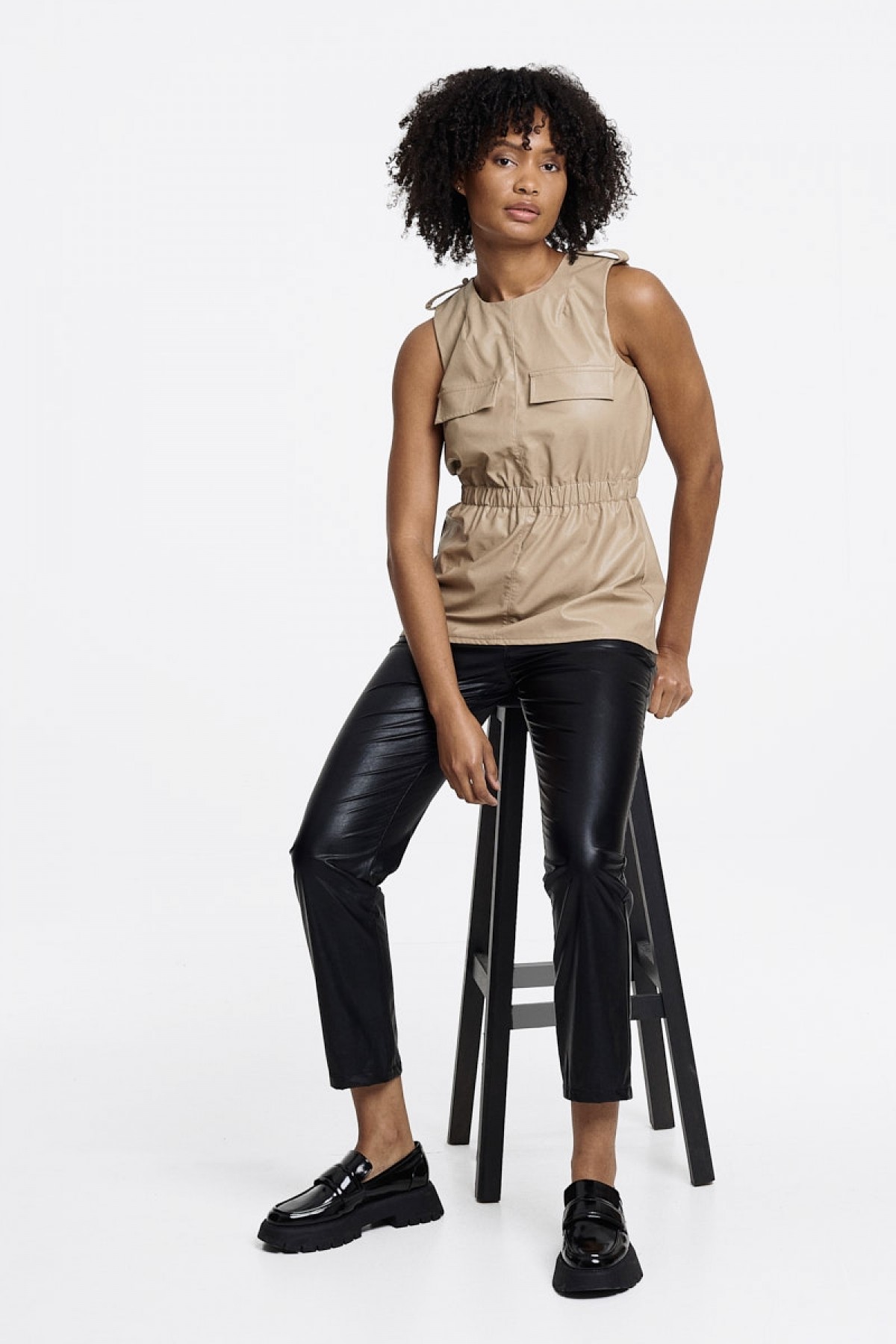 ECO LEATHER SLEEVELESS TOP IN BEIGE