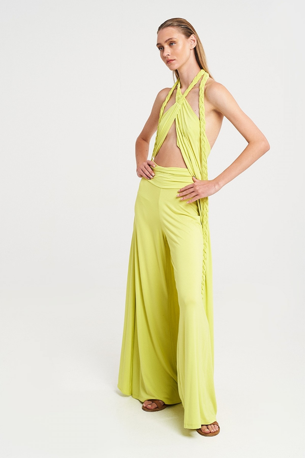 BAMBOO WIDE LEG TROUSERS IN LIME