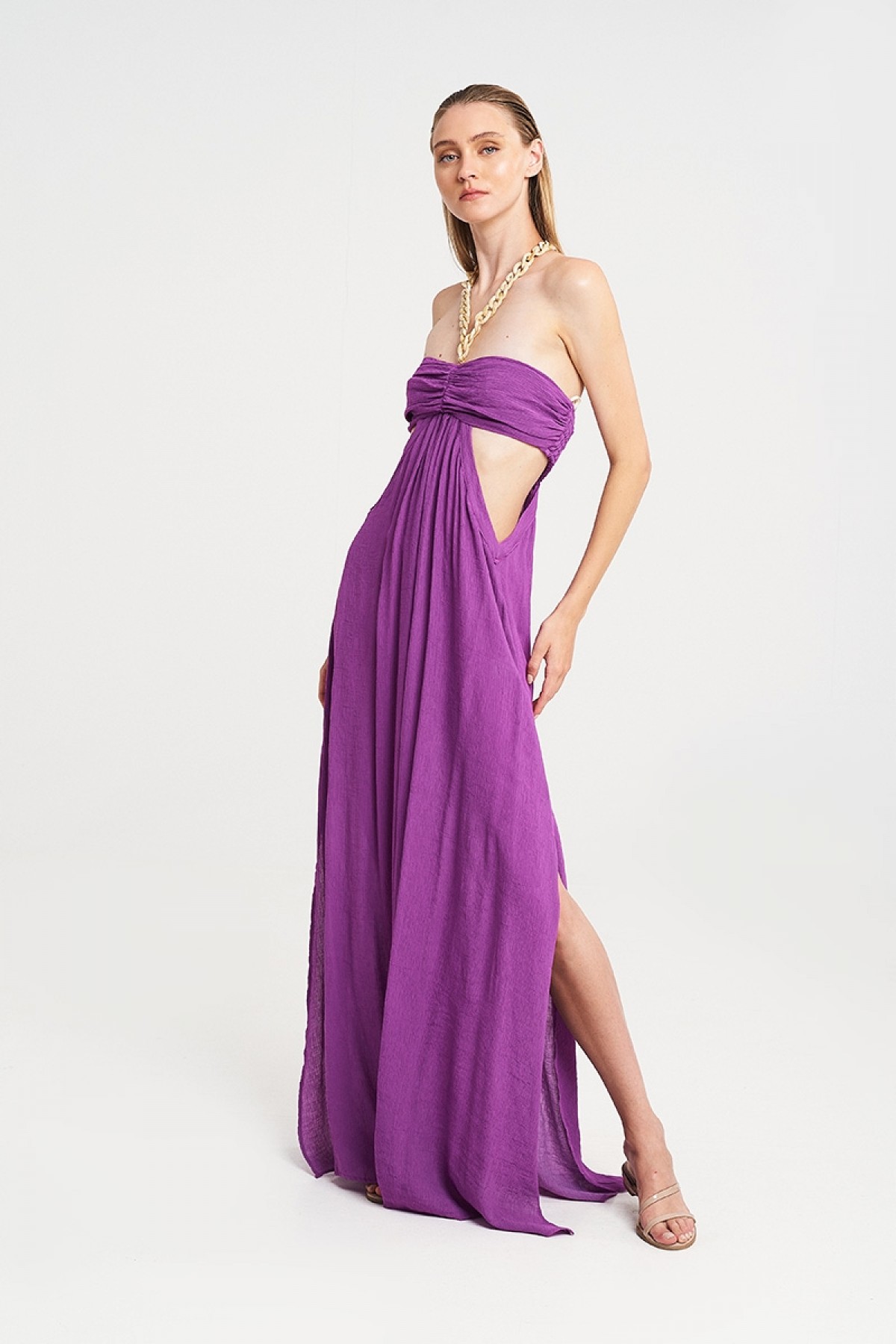 CRINKLE LONG DRESS WITH CHAIN IN PURPLE