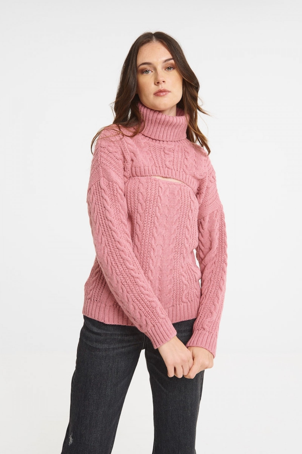 CHRISTELLE NIMA DOUBLE LANA WOOL CABLE BLOUSE IN PINK