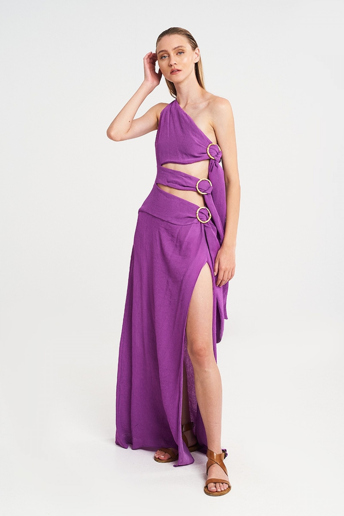 CRINKLE CUT OUT RING DRESS IN PURPLE