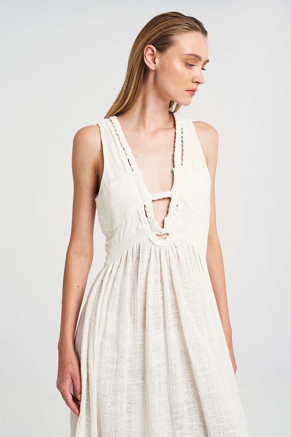 GAUZE BRAIDED GOWN IN OFF WHITE