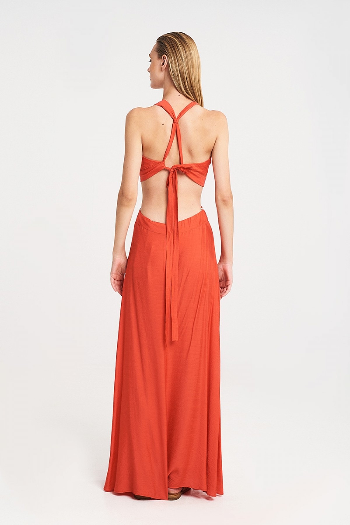 LONG CUT-OUT DRESS IN CORAL RED