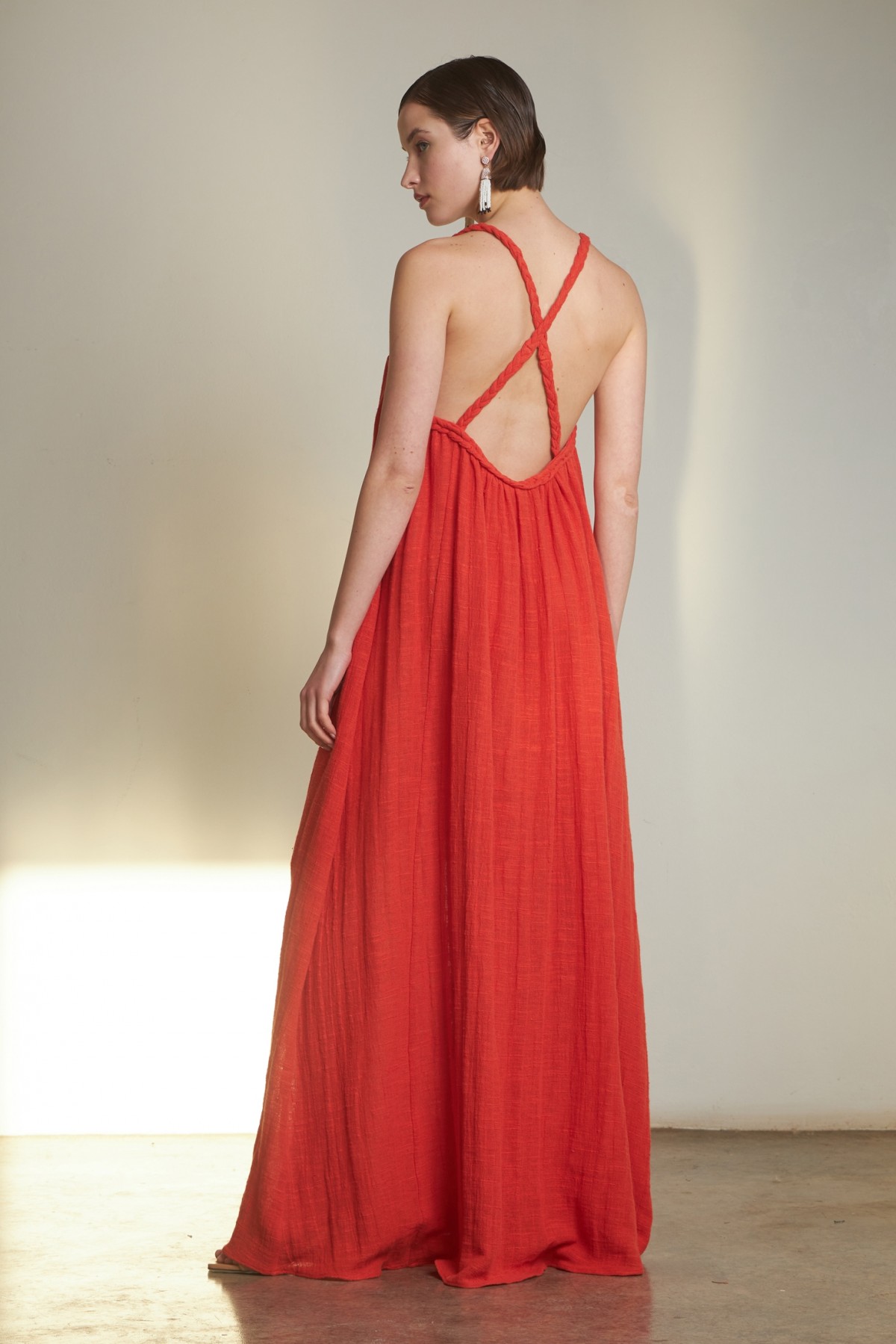 LONG GAUZE BRAIDED DRESS IN CORAL RED