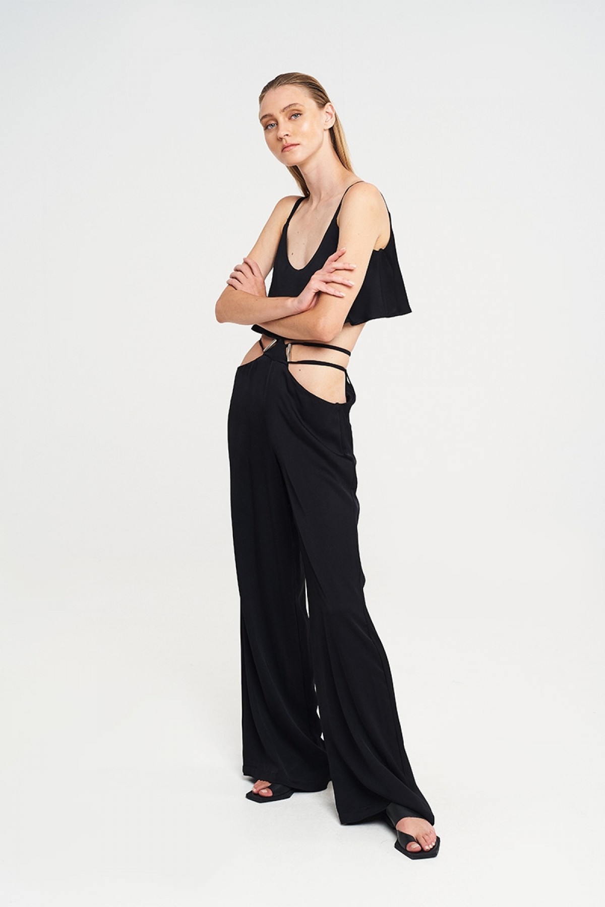 SATIN CUT OUT TROUSERS IN BLACK