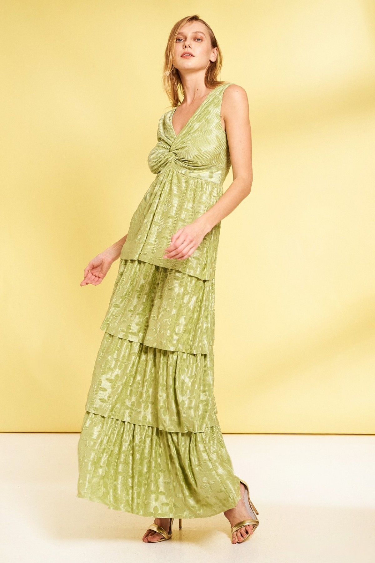 PLEATED LONG SATIN DRESS IN GREEN