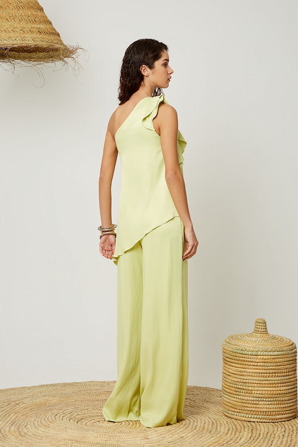 SATIN WIDE LEG TROUSERS IN LIME