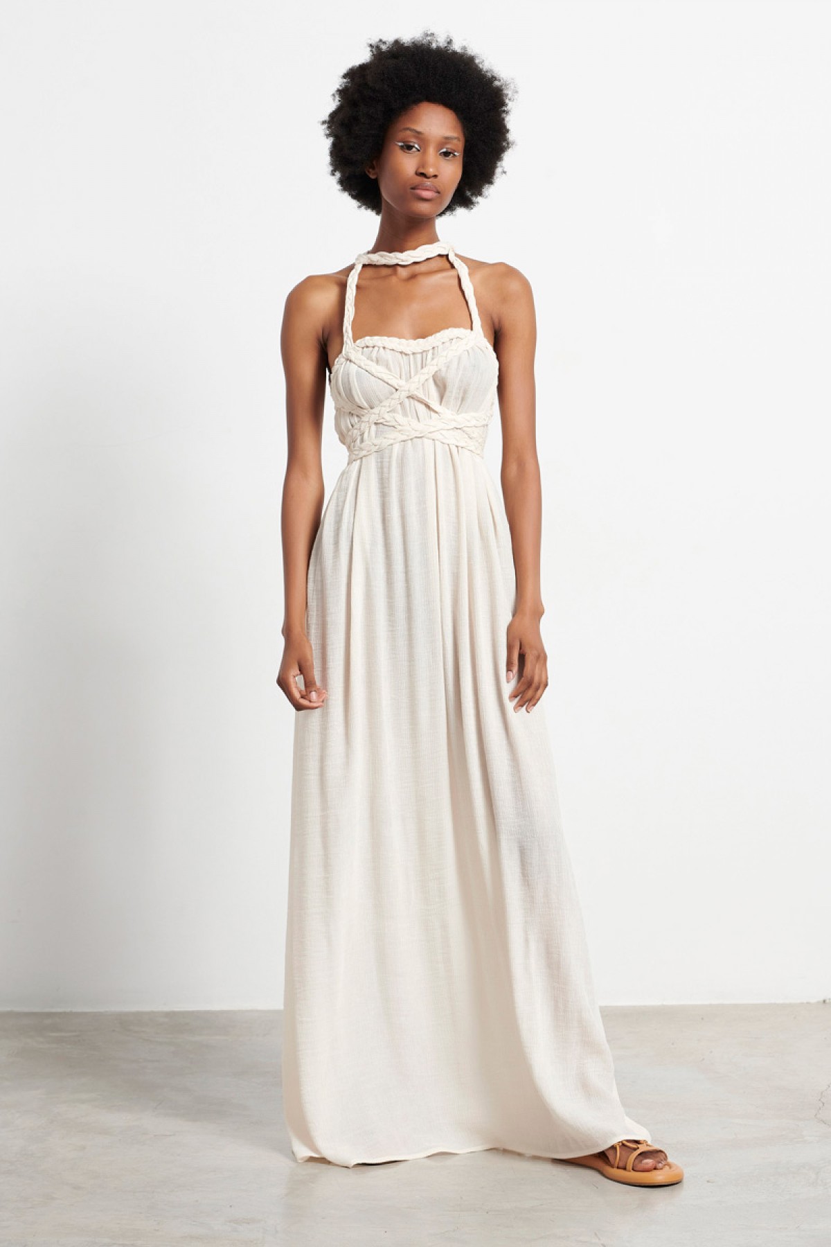 LONG CUT AWAY CRINKLE BRAIDED DRESS IN OFF WHITE