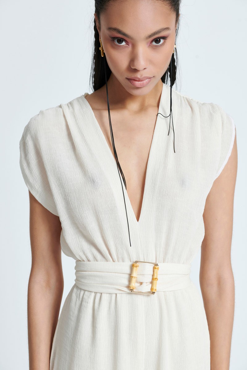 Crinkle Jumpsuit With Belt In Off White - Jumpsuits - Clothing | Christelle